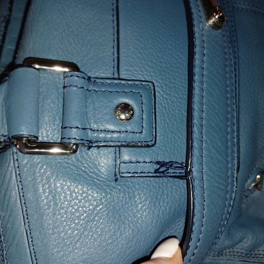 Calvin Klein Pebbled Leather Shoulder Bag Top Handle Purse Blue